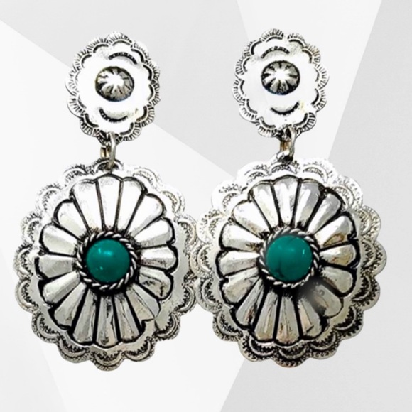 Western Concho Style Turquoise Drop Statement Post Earrings - Picture 2 of 2